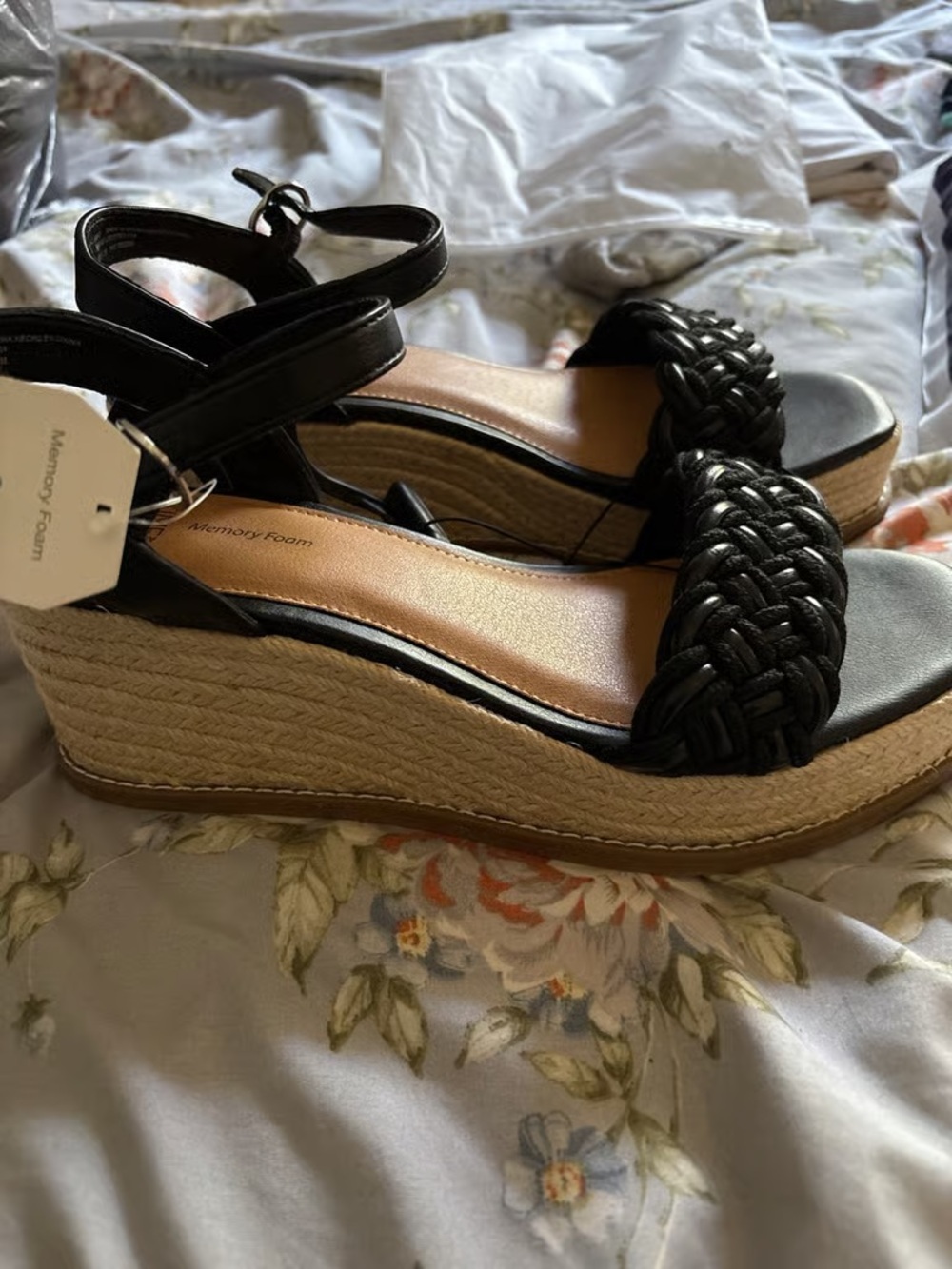 Time and Tru Black Braided Espadrille Wedge Sandals